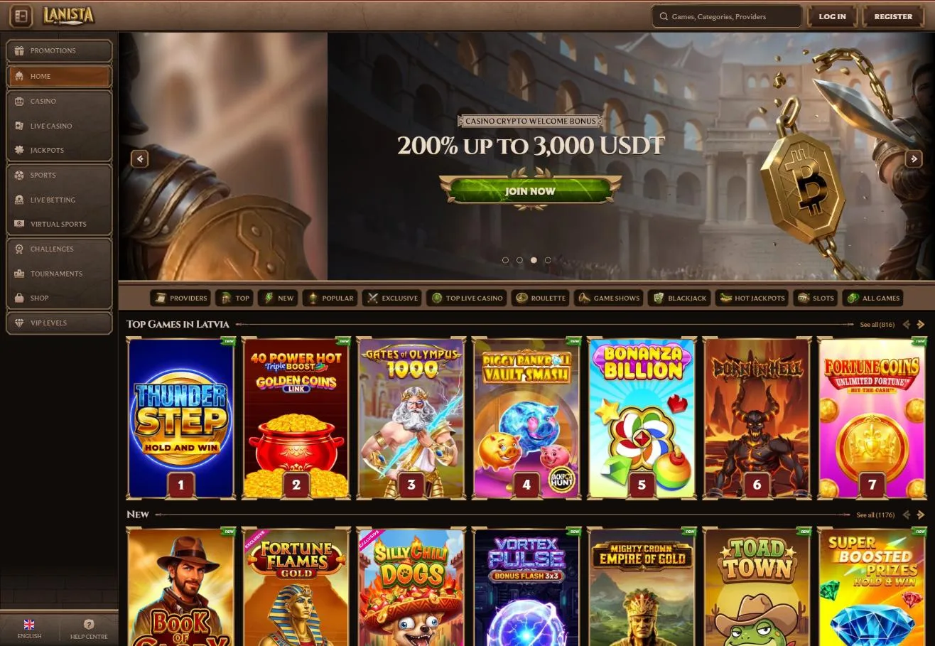 Lanista casino lobby and game library