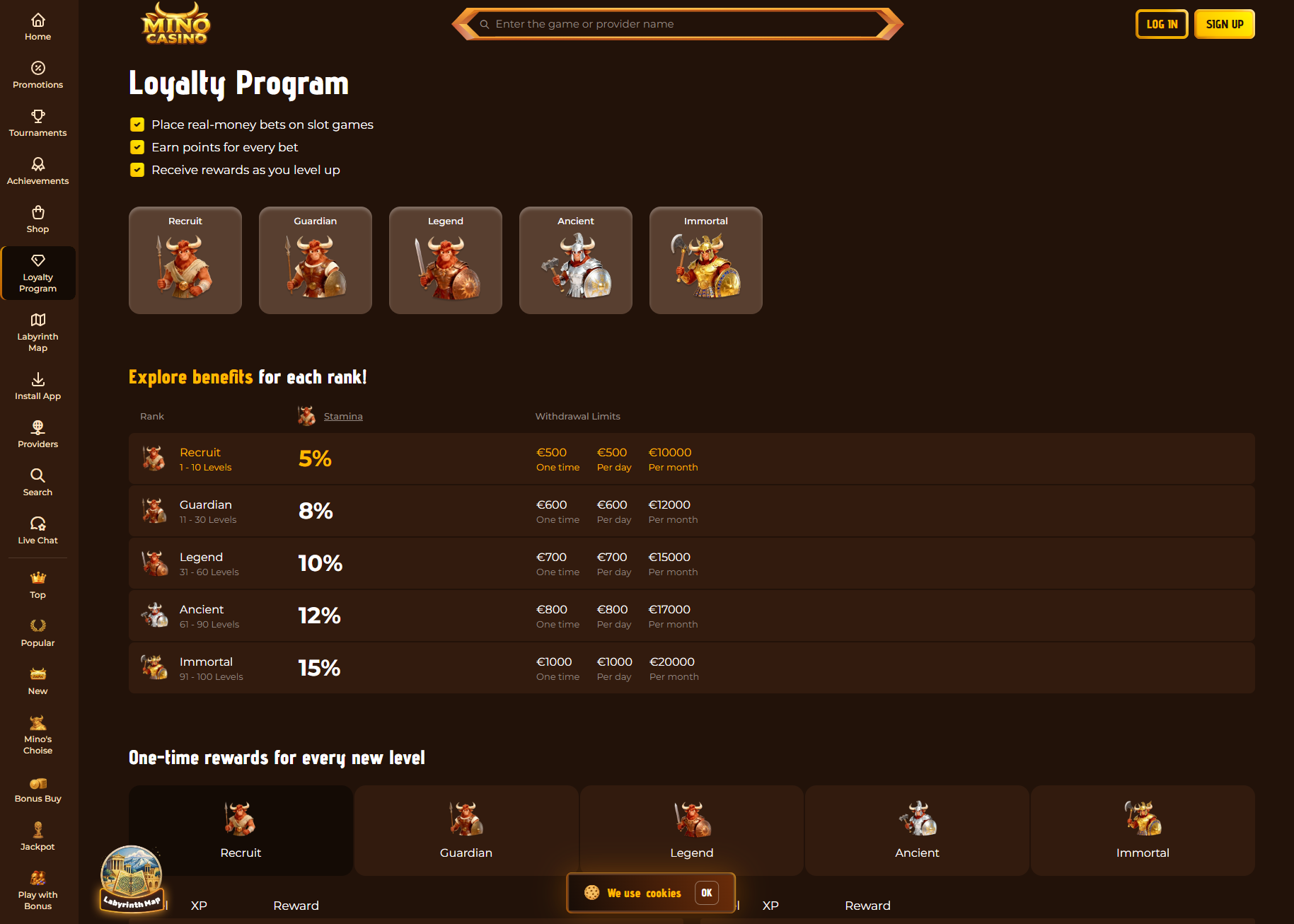 MinoCasino 100-level loyalty program